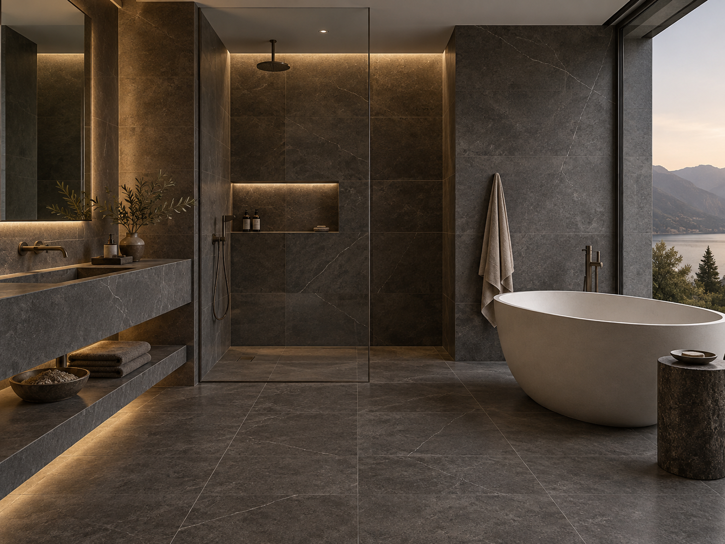 Charcoal tiled ensuite with warm integrated lighting
