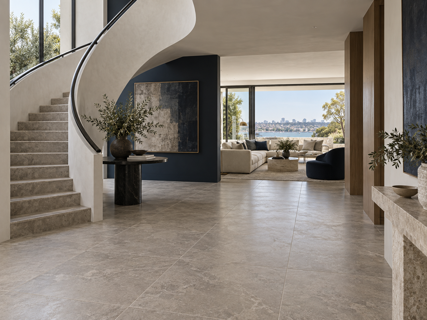 Light limestone floor flowing through a luxury residence